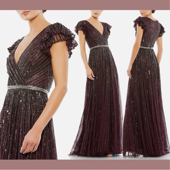 NEW $698 Mac Duggal [ 12 ] Sequined Wrap Over Ruffled Cap Sleeve Gown blackberry - Picture 1 of 14